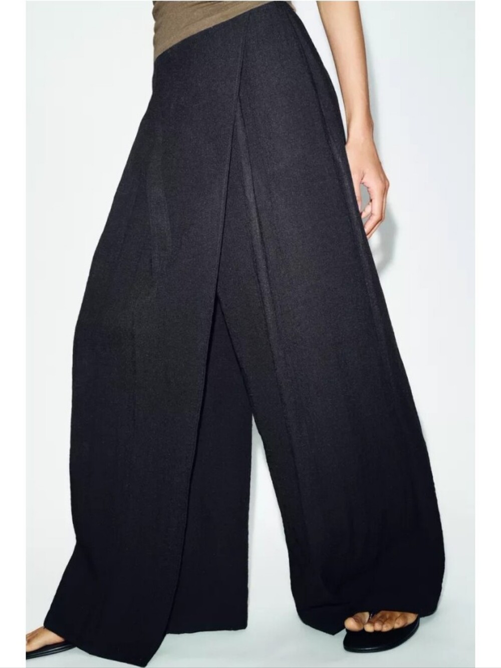Zara Wide-Leg High Waist Black Casual Wrap Front Flowy Pants Sz-L